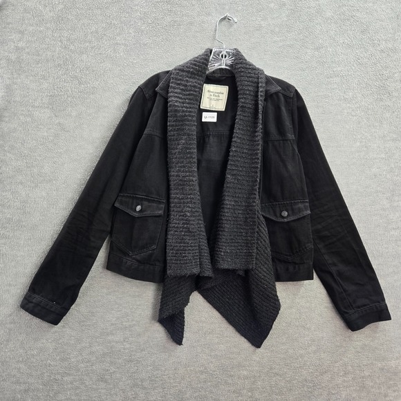 Abercrombie & Fitch Women Jacket Large Black Denim Knit Shawl Collar - Picture 1 of 11